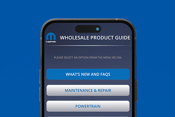Image of iPhone with Mopar Product Guide App on the screen